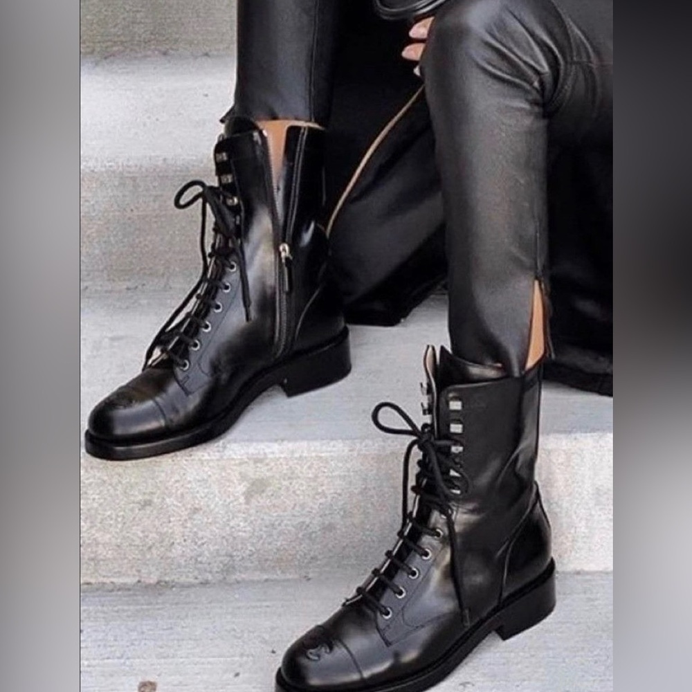 CHANEL Black Leather Combat Boots